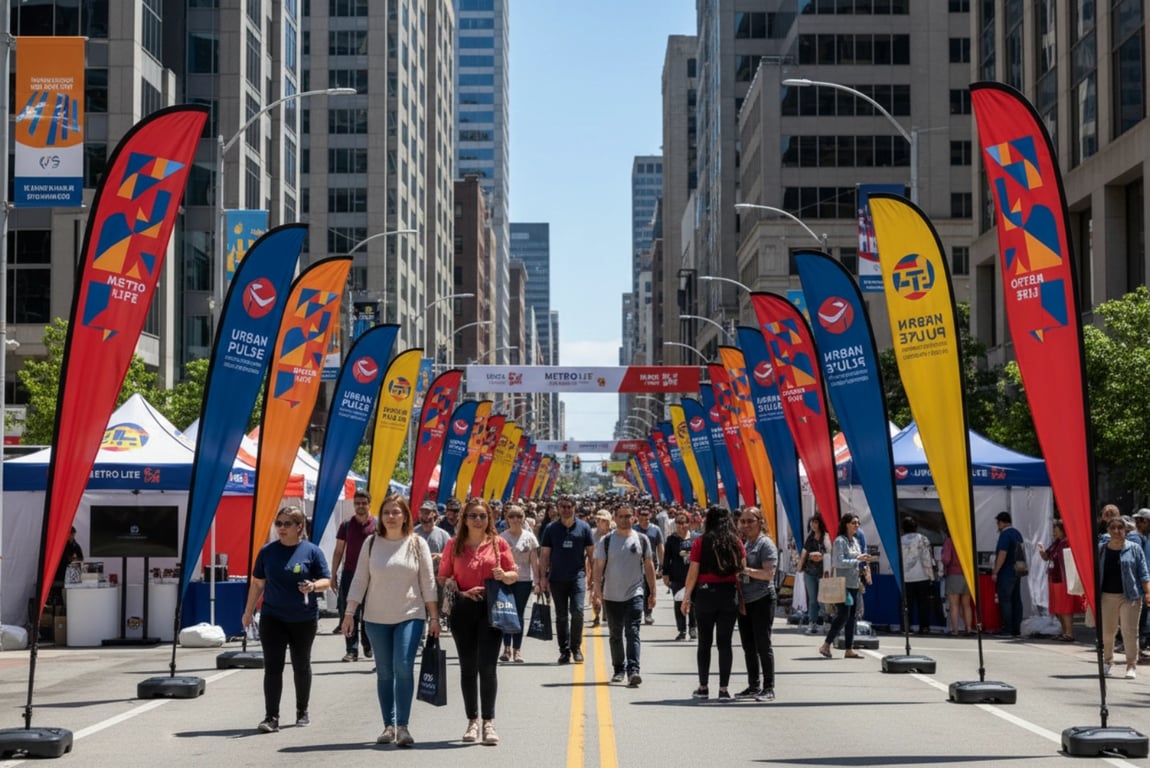 Downtown Manhattan event flags - rapid-setup modular flags for high-traffic product launch