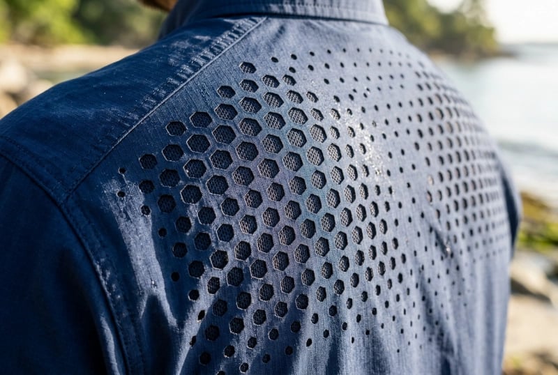 Laser-cut ventilation panels for targeted airflow in fishing shirts