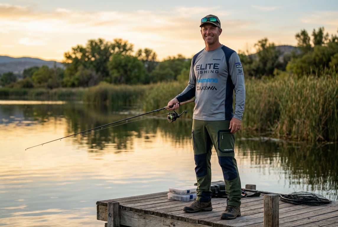Custom Fishing Pants - Professional Angler Wearing Performance Fishing Pants at Lakeside