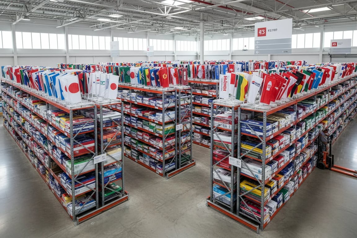 B2B flag wholesaler warehouse - diverse inventory serving 200+ resellers across Europe