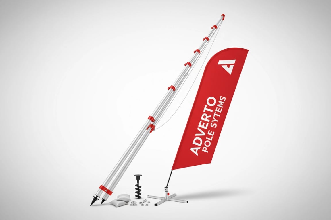 Commercial beach flag pole with ground anchor system, 45cm spiral stake, aerodynamic wind-resistant design, tool-free 3-minute setup for outdoor advertising and promotional events