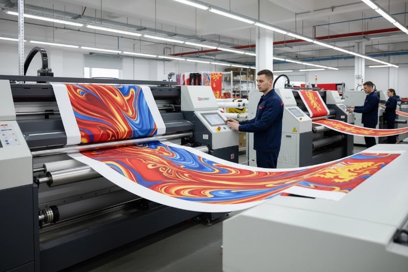 Flag printing production line showing industrial dye sublimation printers creating bulk custom flags with 1440dpi resolution for vibrant colors