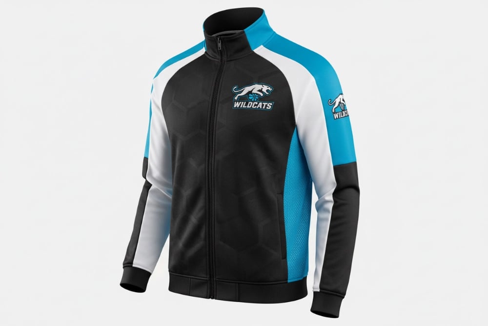 Team warm-up jacket with custom logo placement and lightweight design