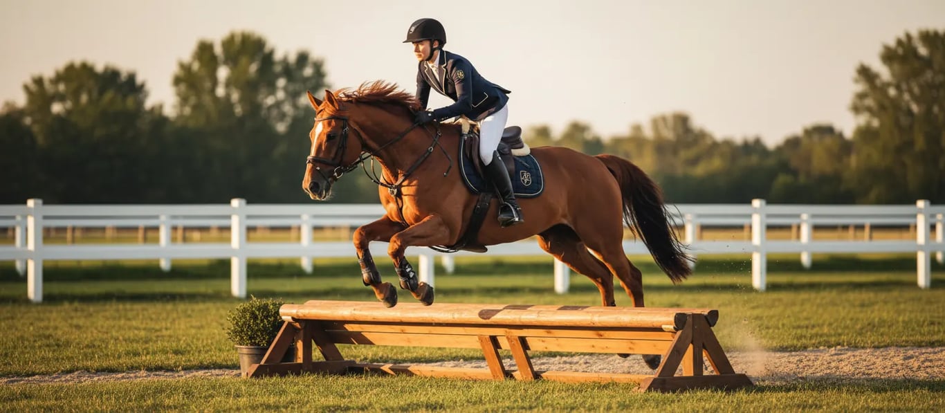 Professional equestrian rider jumping obstacle wearing custom riding vest