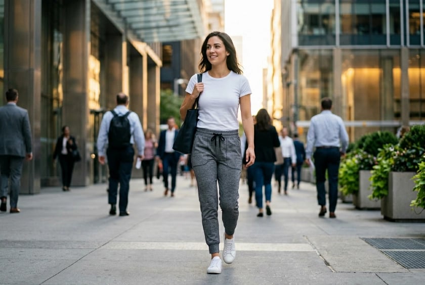 Daily city commute wearing joggers