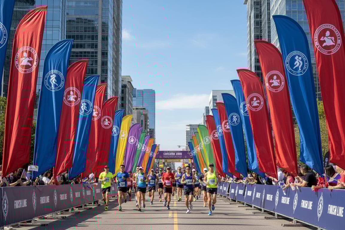 City marathon race 26 mile route 800 teardrop flags UV-stabilized fabric 500 plus hours sun exposure 15000 runners sports nutrition brand sponsor 3 design variations motivational messages placed every 0.25 miles