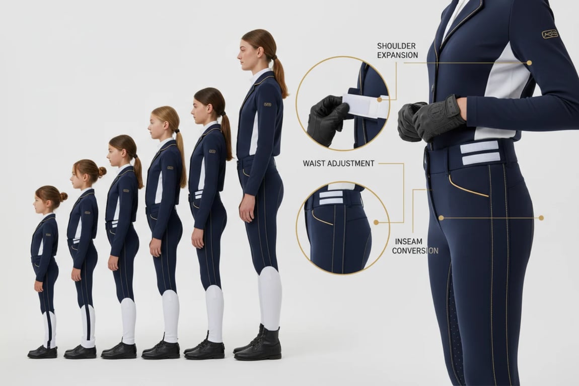 Adjustable equestrian school uniform with growth-friendly sizing