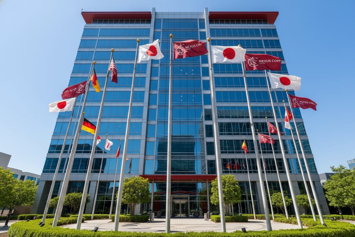 Global corporate office custom flags - Fortune 500 multinational brand flags with Pantone precision