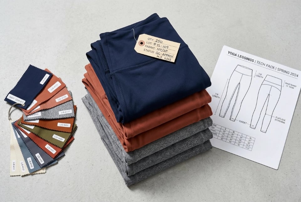 Folded yoga leggings stack with tech-pack printout, lab-dip swatch fan, and engineer note tag &mdash; OEM mid-process product still
