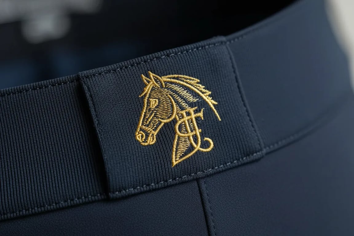 Precision embroidered logo on riding breeches waistband