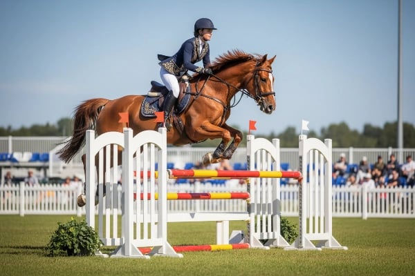 Professional equestrian competition jumping scene wearing custom vest