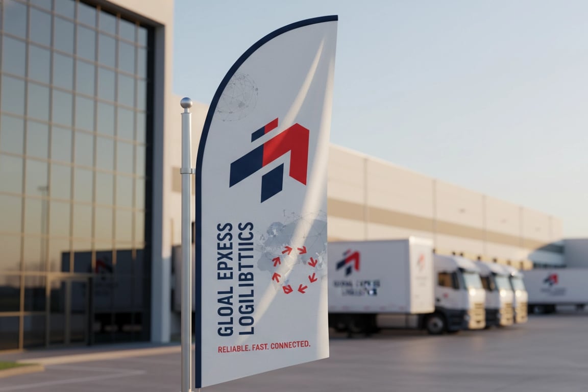 Global logistics provider multi-language corporate flags for international shipping terminals and warehouses ensuring brand recognition across 30+ countries, 6ft x 4ft double-sided multilingual