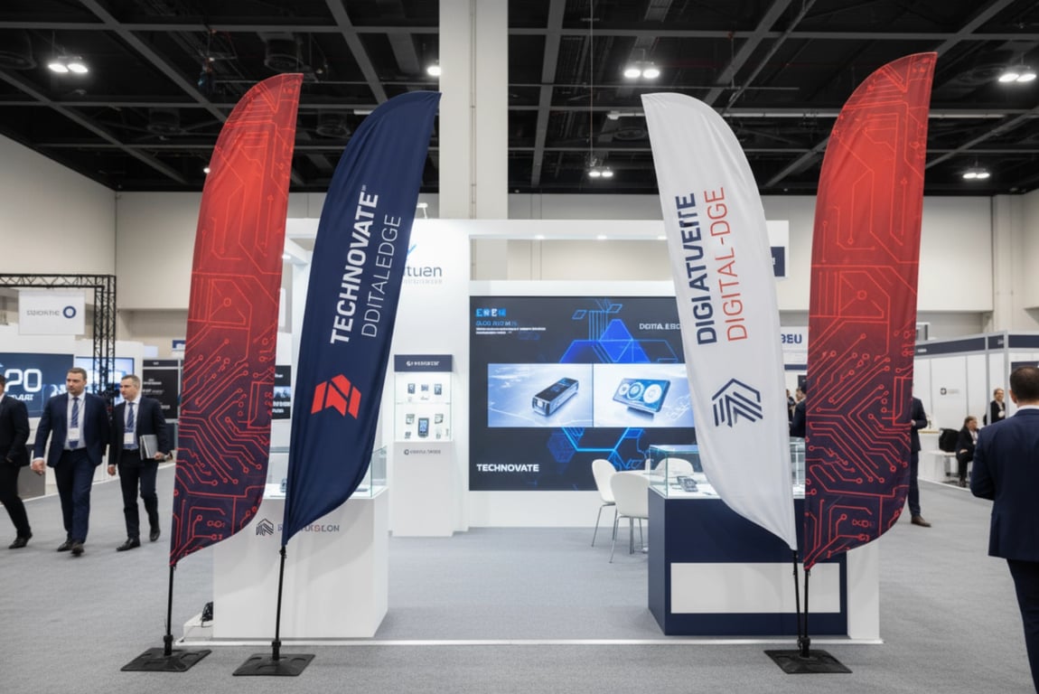 Trade show custom booth flags - modular flag system for 50 exhibitors at tech expo
