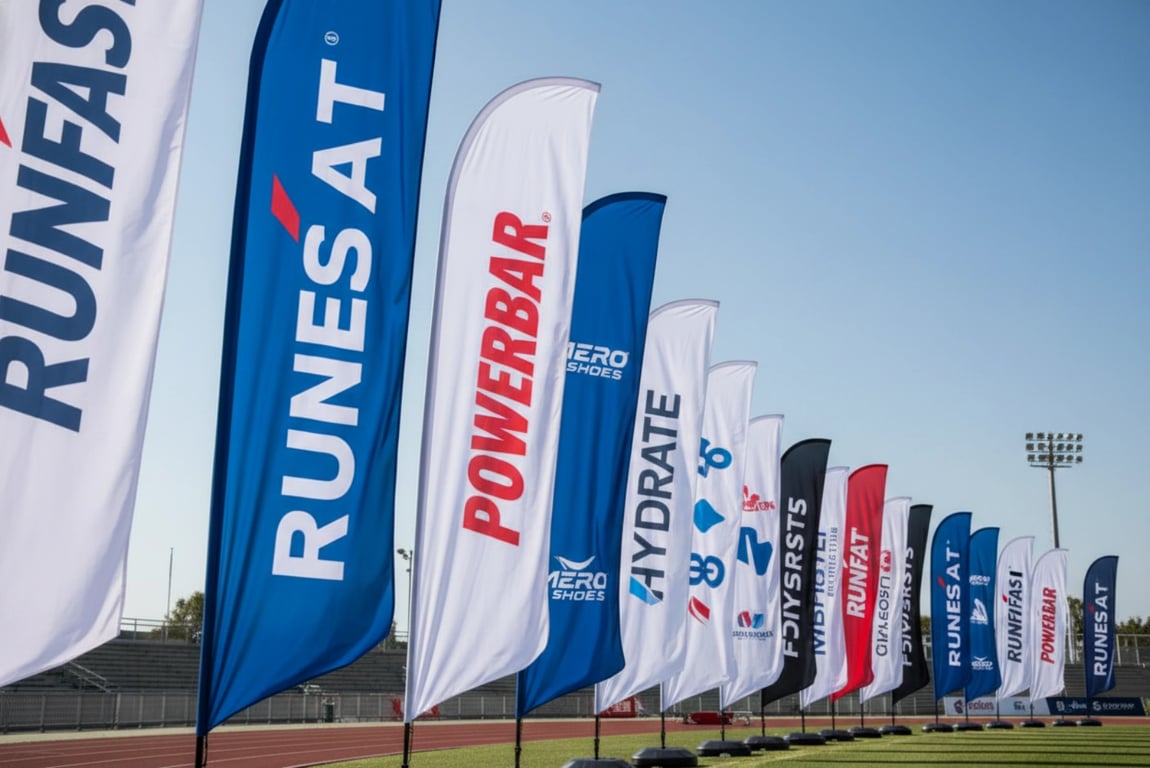 Wind-resistant teardrop banners at outdoor sports event displaying sponsor brands with high visibility