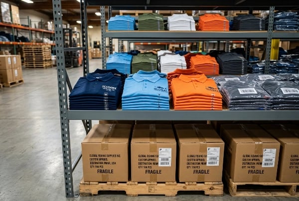 Finished Fishing Polo Shirts - Warehouse Ready for Global Shipping
