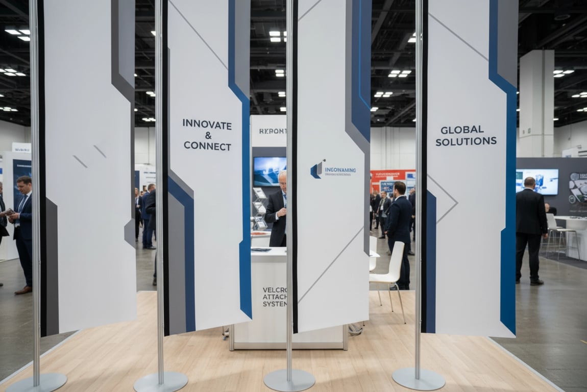 Trade show display flags using professional velcro strips for portable flag mounting system with quick setup capability