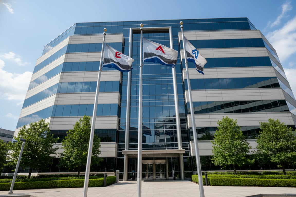 Corporate office building headquarters with multiple branded company flags displayed along entrance pathway creating professional business identity and employee brand connection