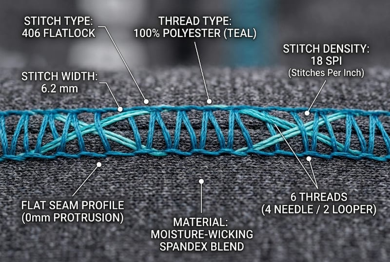 Process engineer stitch detail close-up &mdash; flatlock stitch on stretch fabric with annotated parameter call-outs