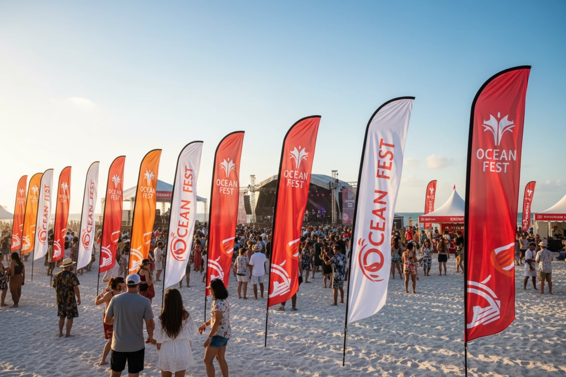 Wind-resistant feather and teardrop flags for beach music festivals with 13ft height, sand anchor bases, UV-resistant printing, crowd wayfinding and sponsor visibility for outdoor coastal events