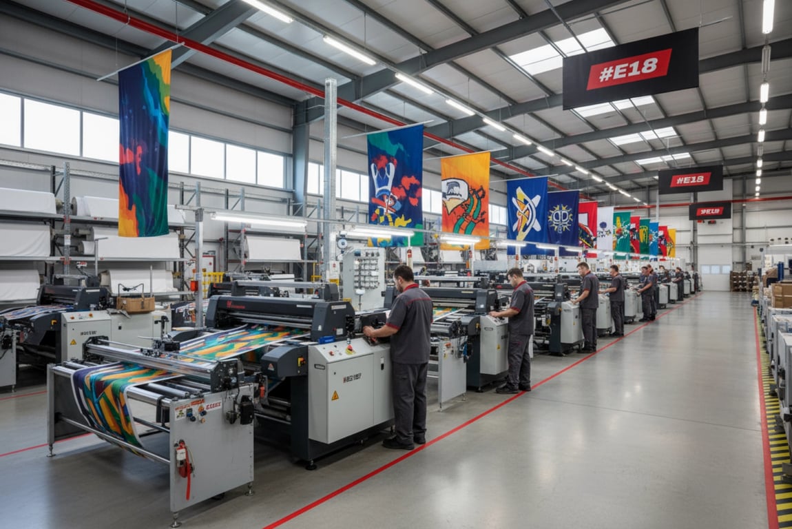 Professional flag manufacturing facility with advanced printing equipment and quality control systems