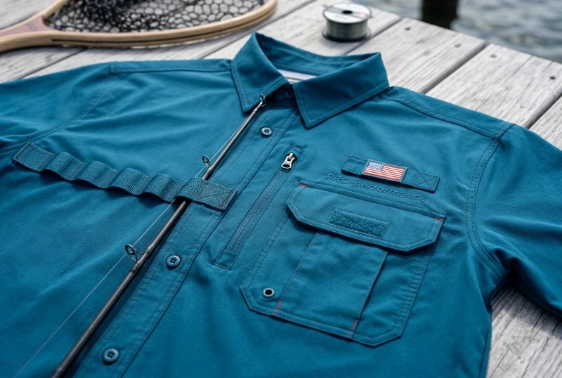 Rod holder loops and utility pockets on fishing shirts