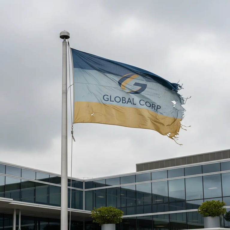 Faded and worn corporate flag showing UV damage and fraying edges outside an office building