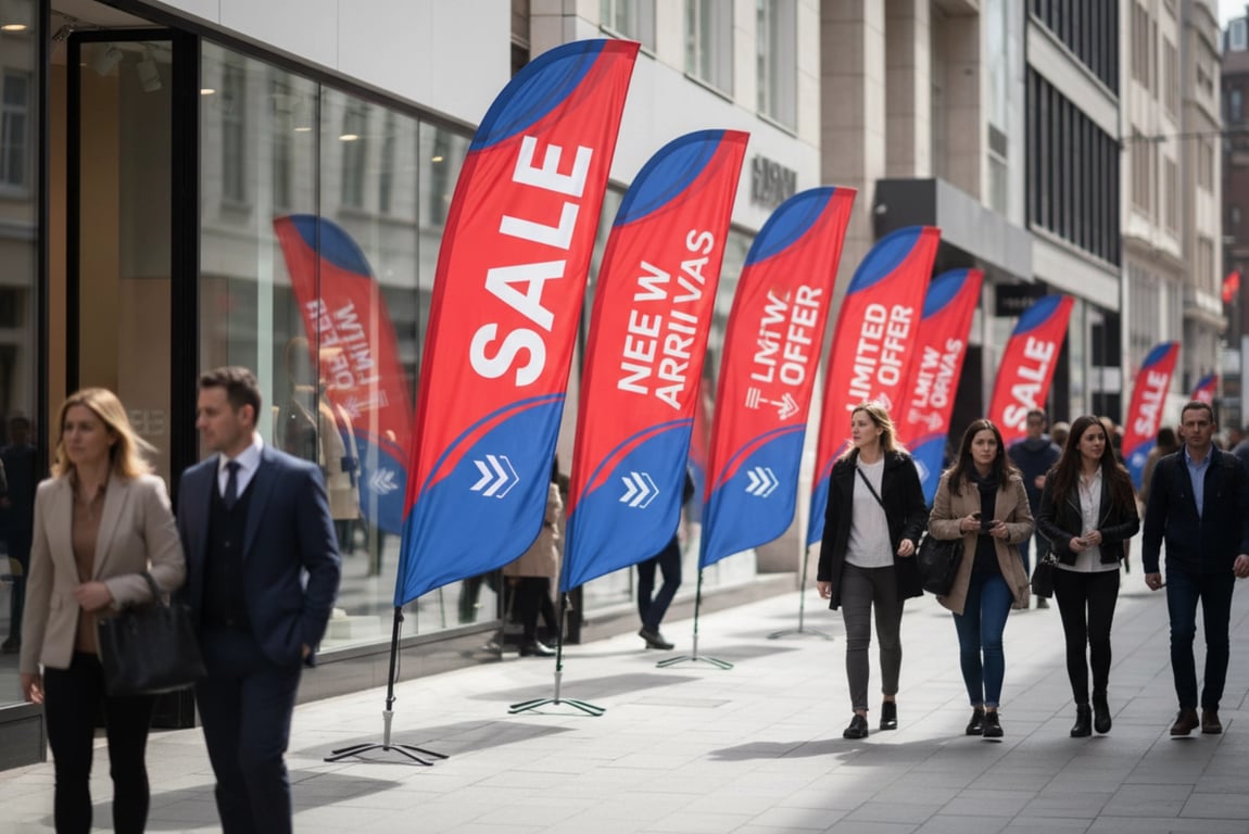 Retail store using eye-catching teardrop flags for promotional sales campaigns to attract foot traffic