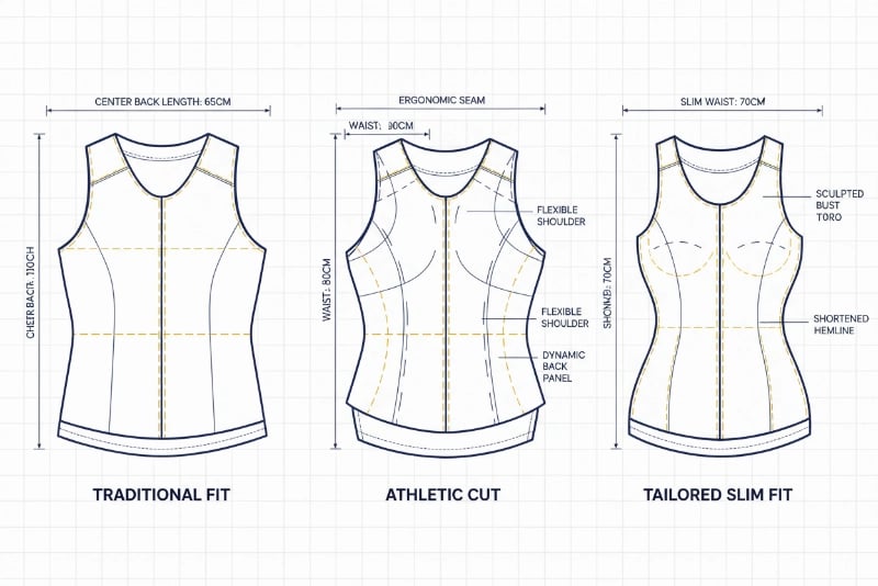 Riding vest pattern comparison chart showing fit differences