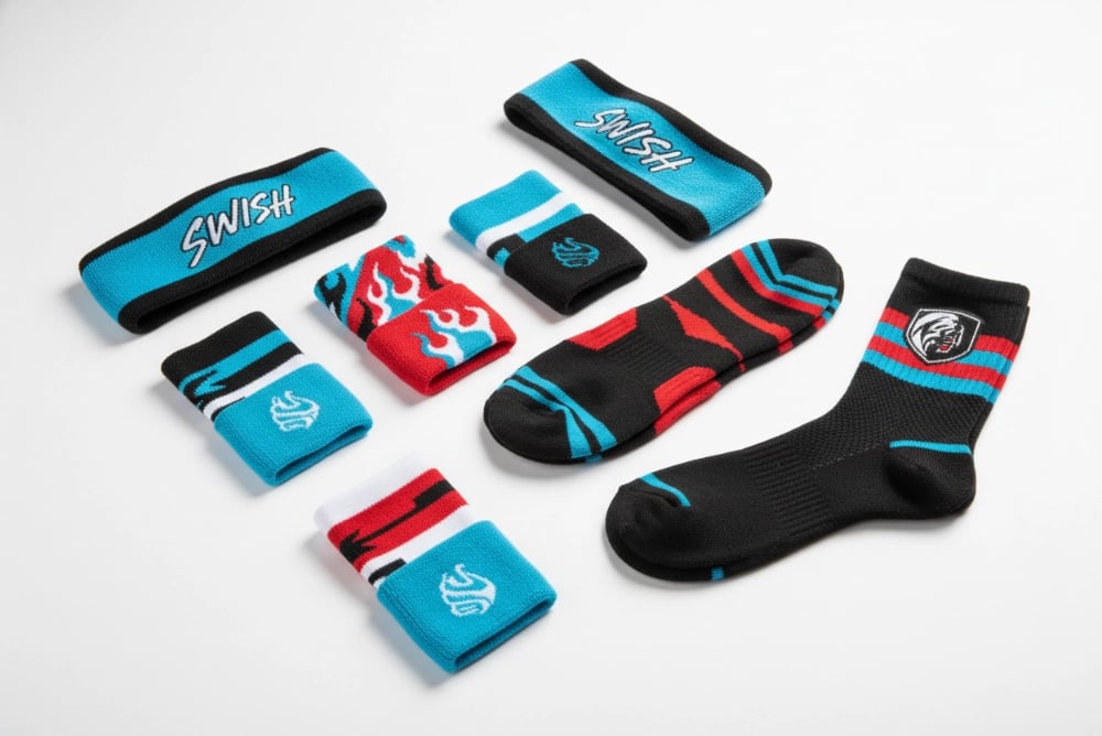 Basketball accessories including custom wristbands, headbands, and team socks
