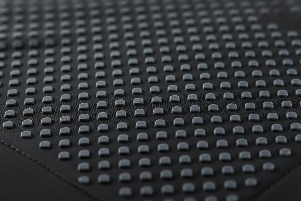 Silicone grip panel closeup on riding breeches showing dot pattern
