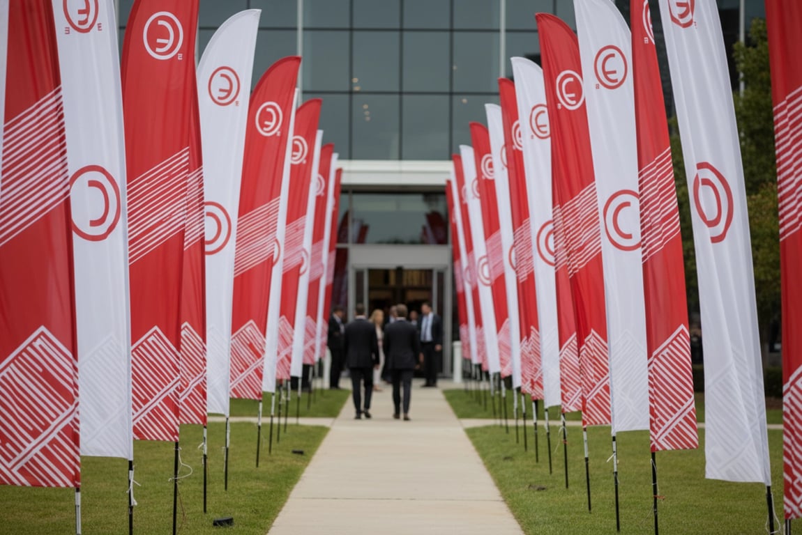 Custom printed feather flags marking event entrance creating impressive welcome corridor gateway