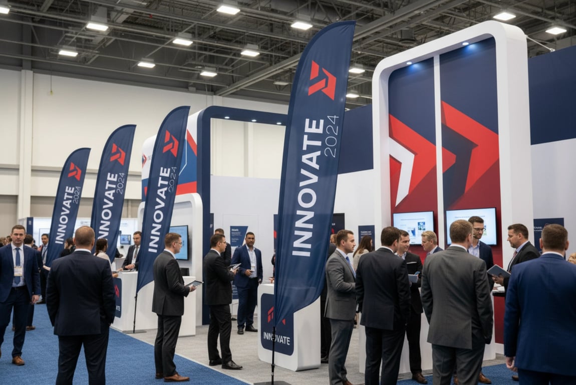 Tech conference trade show booth using promotional banners to boost visitor traffic by 40 percent