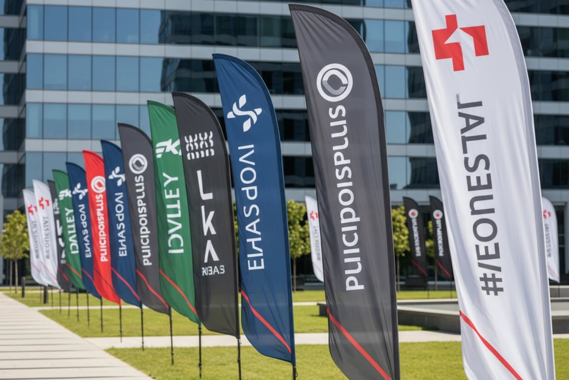 Sports sponsor flags - dual-sided 3.5m tall flags for marathon TV broadcast visibility