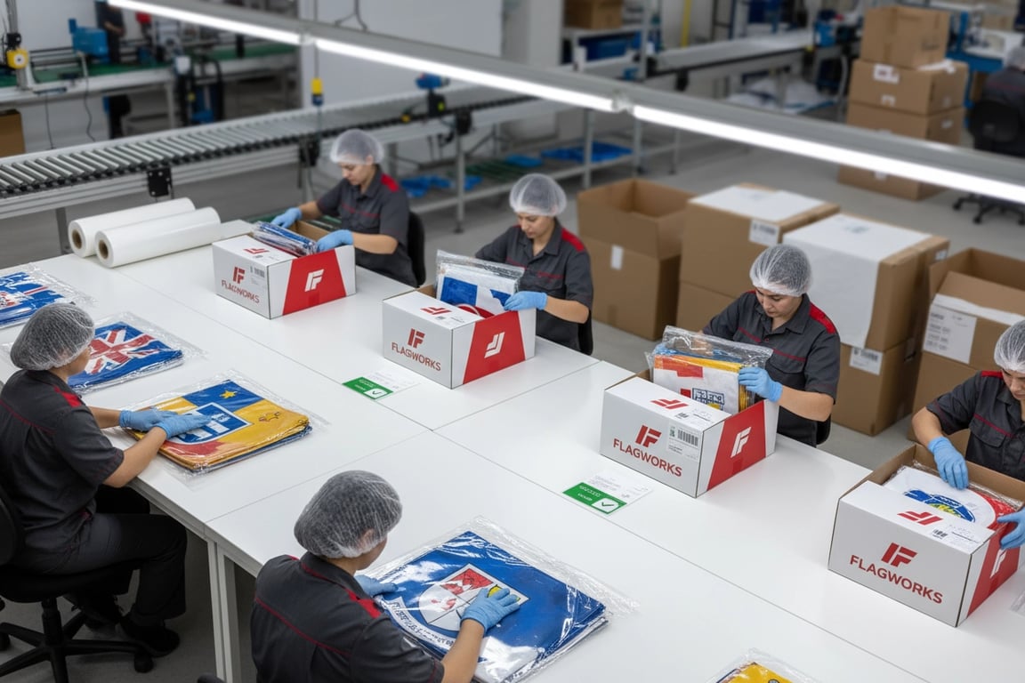 Professional packaging of custom flags showing individual poly-bagging and organized carton packing with waterproof protection for shipping