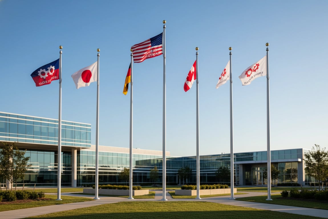 Corporate headquarters flag pole installation with custom 15-meter aluminum poles, brand logo engraved finials, RGB LED lighting for night display, zero maintenance incidents in 7 years for Fortune 500 tech company