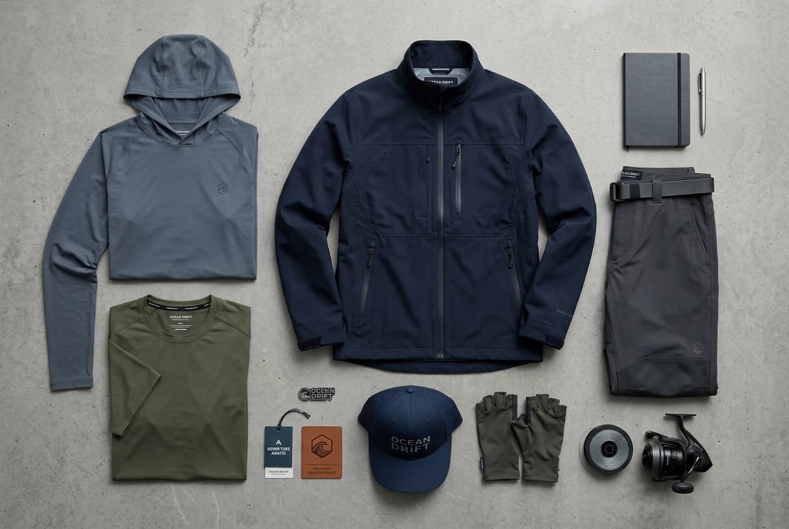 Brand-consistent fishing apparel collection flatlay showing coordinated product line