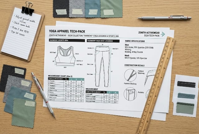 Tech-pack lane: yoga apparel tech-pack PDF thumbnail with spec table