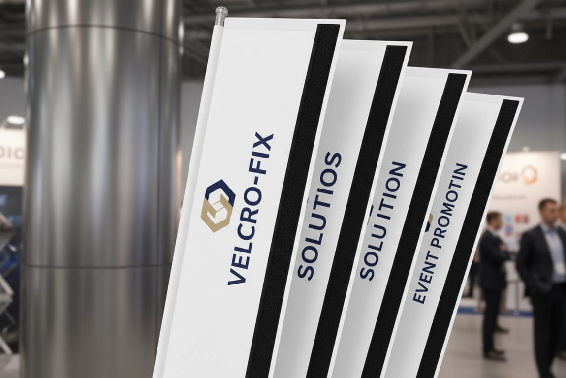 Custom branded promotional flags using versatile velcro strips for easy brand swap flag mounting at corporate events