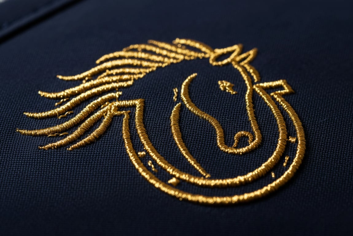 Gold thread embroidery on equestrian apparel with 18 stitches per cm density
