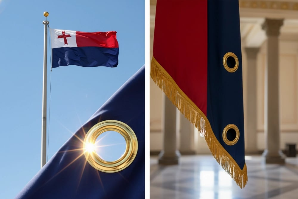National government flags and official ceremonial banners with 20mm thick brass mirror-polished grommets ensuring dignified display at high-ceremony indoor and outdoor venues, meeting government procurement standards with zero risk of embarrassing tears