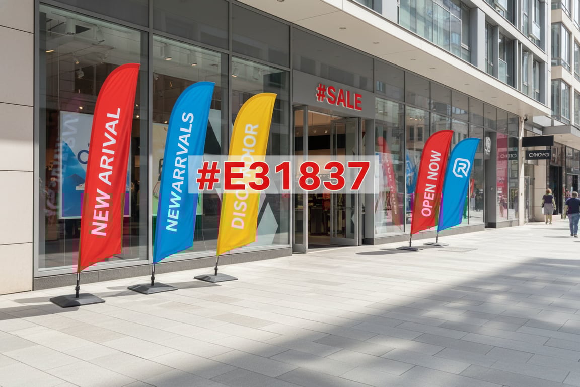 Custom storefront feather and teardrop advertising flags displayed outside retail business with OPEN and SALE messaging, 8-17ft tall with wind-resistant aluminum poles and weighted bases