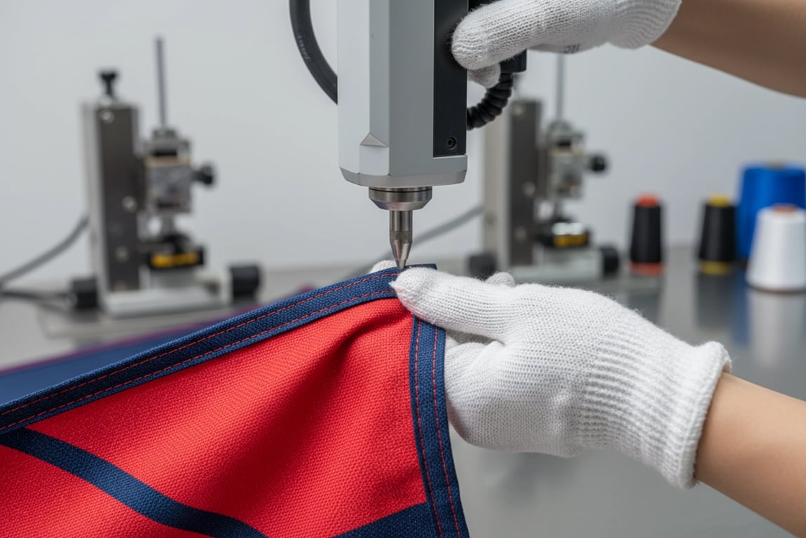 Professional hot-knife edge cutting and heat-seal treatment process for flag corner patches showing double-fold hemming with 20+ stitches per inch creating fraying-resistant thermally bonded edges