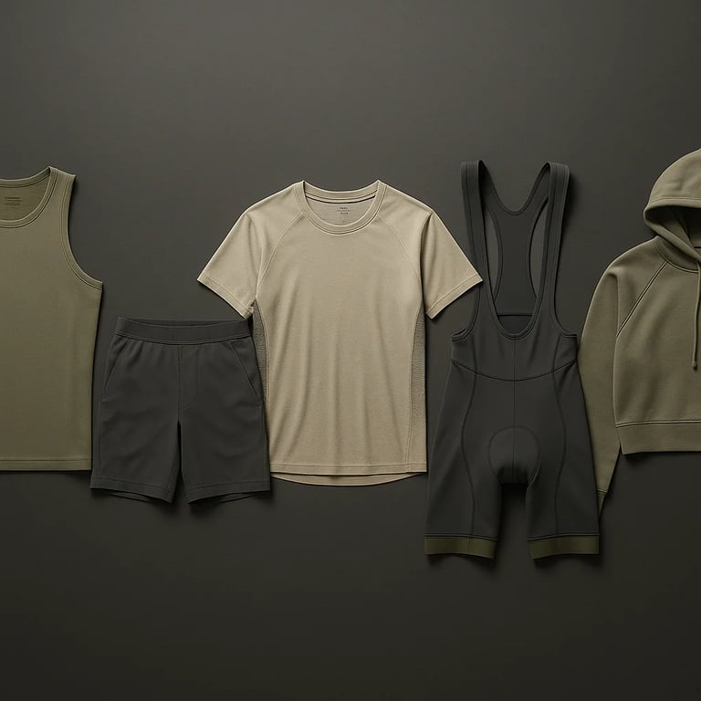 HIIT, strength, running, cycling, CrossFit apparel laid flat in a row