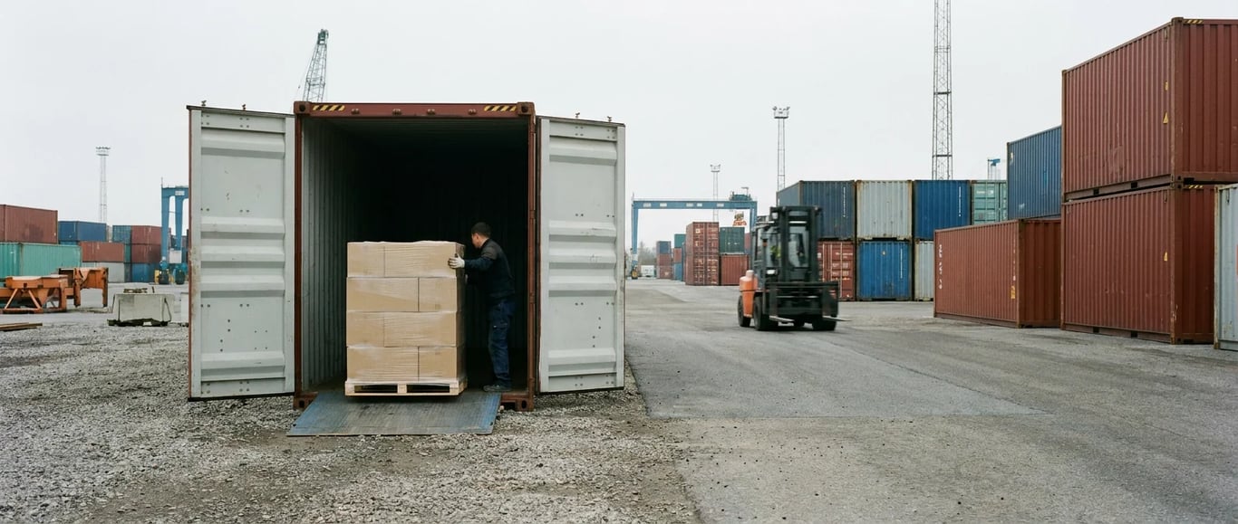 Export freight forwarder yard with container loading kraft cartons