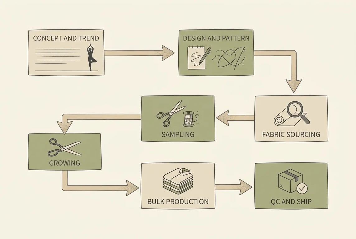 ODM apparel workflow: concept and design to fabric sourcing, sampling, bulk and QC ship