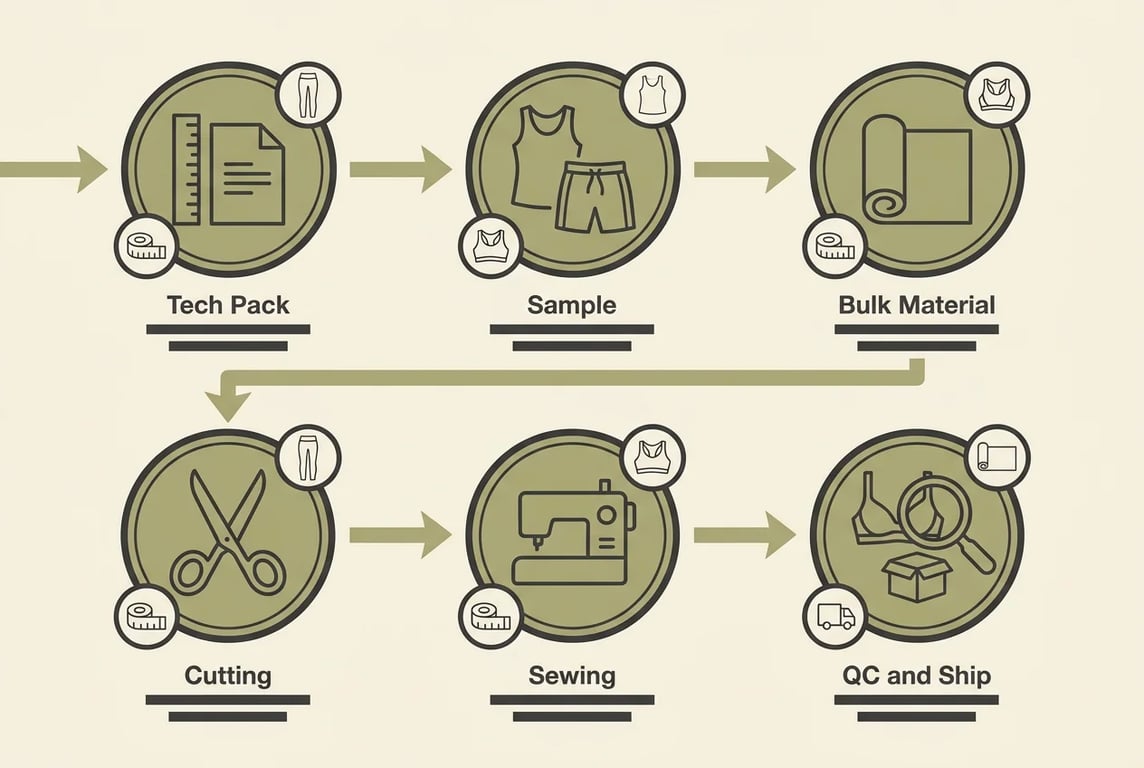 OEM apparel workflow: tech pack to sample to bulk material to cutting, sewing, QC and ship
