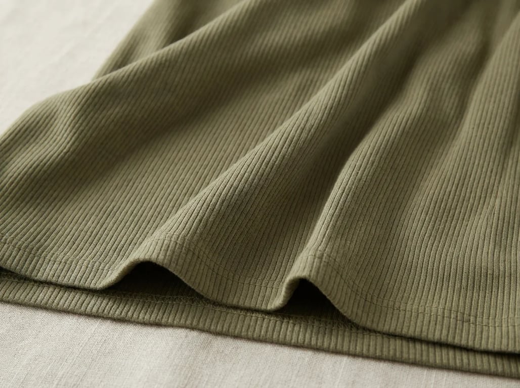 Cotton-modal-spandex ribbed knit fabric swatch macro in olive tone