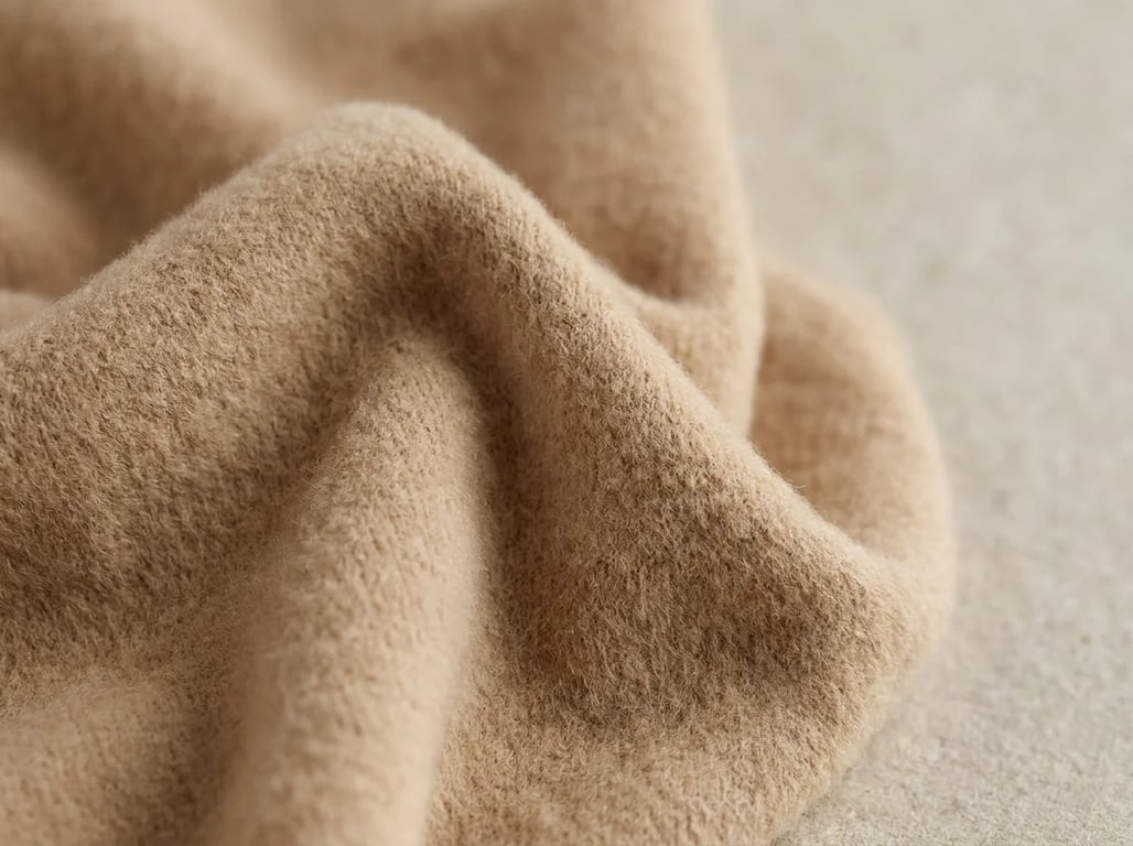 Buttery-soft brushed knit fabric swatch macro in warm sand color