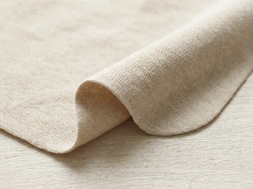 Circular-knit seamless jersey fabric swatch macro in oat tone
