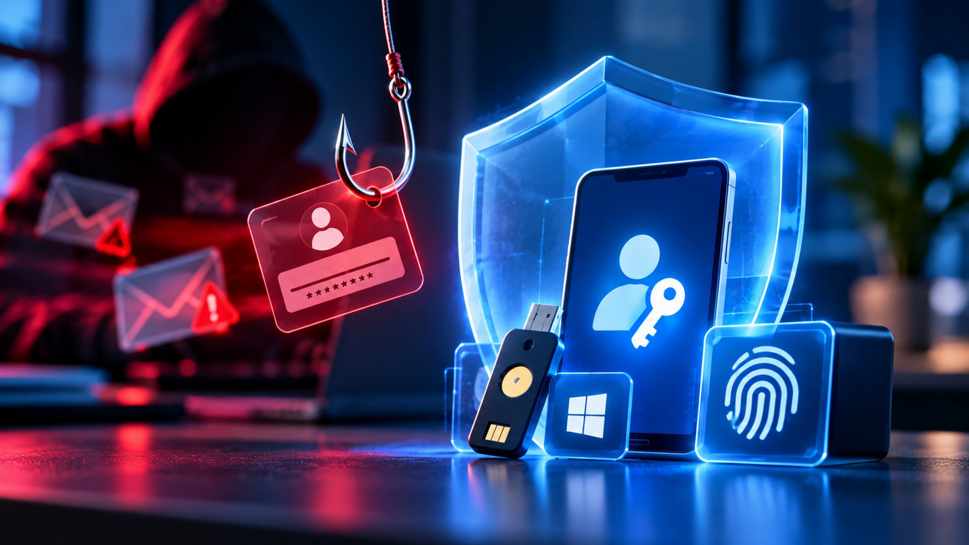 Cybersecurity illustration showing a phishing attacker targeting a user login, while passkeys, a hardware security key, Windows authentication, and biometric sign-in are protected behind a digital security shield.